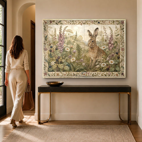 Rabbit glass wall art hanging in a cozy modern living room with neutral sofa