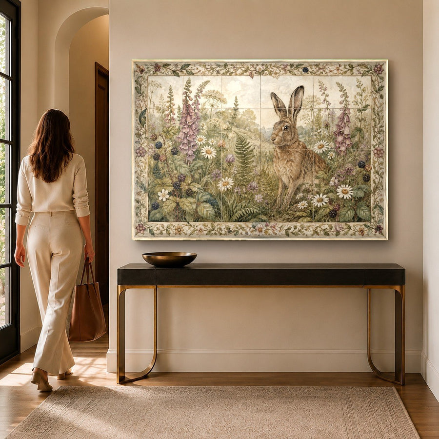Cute rabbit tempered glass print displayed above a minimalist bedroom headboard