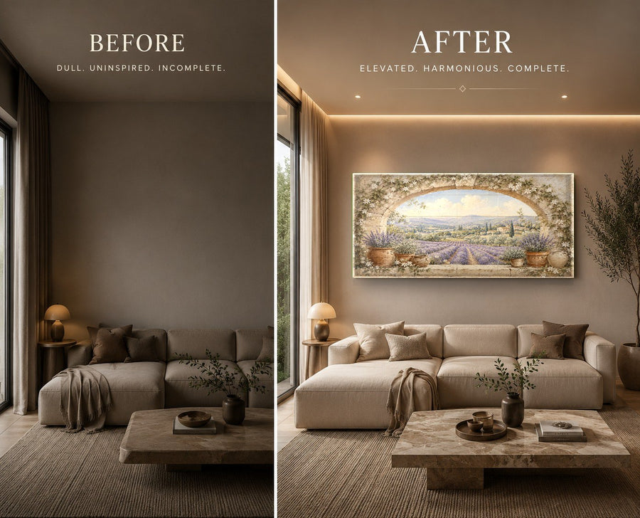 Botanical Italian landscape glass art displayed in an upscale kitchen accent wall
