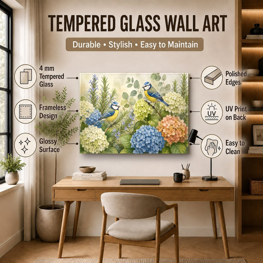 Close up view of song birds tempered glass print showing high gloss finish