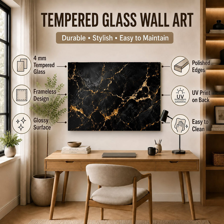 Noir Marble glass artwork hanging in a serene, upscale spa waiting room above a wooden bench.