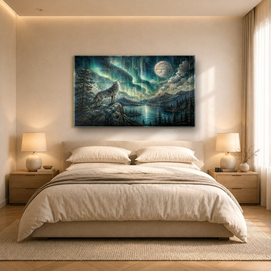 Aurora Wolf Glass Wall Art styled in a luxury hotel lobby interior setting