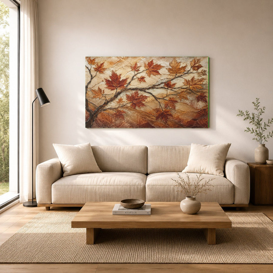 Side angle view of a glossy autumn maple glass print catching natural light in a minimalist home hallway.