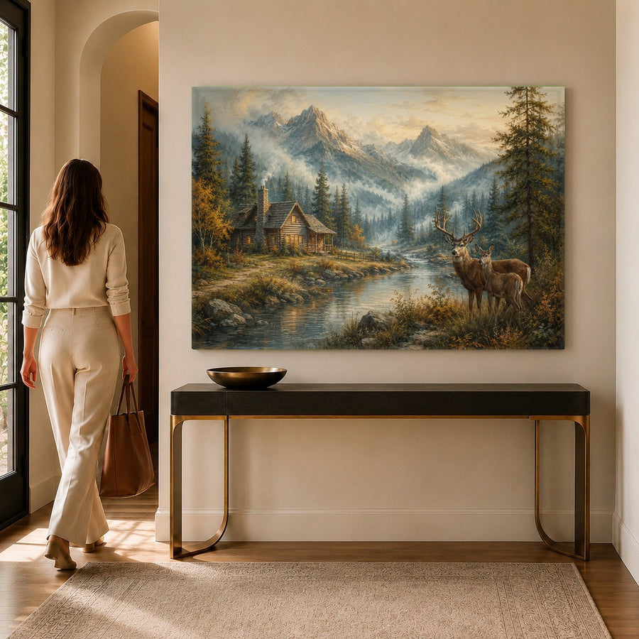 A scenic mountain landscape glass print displayed over a king bed in a cozy cabin-style bedroom.