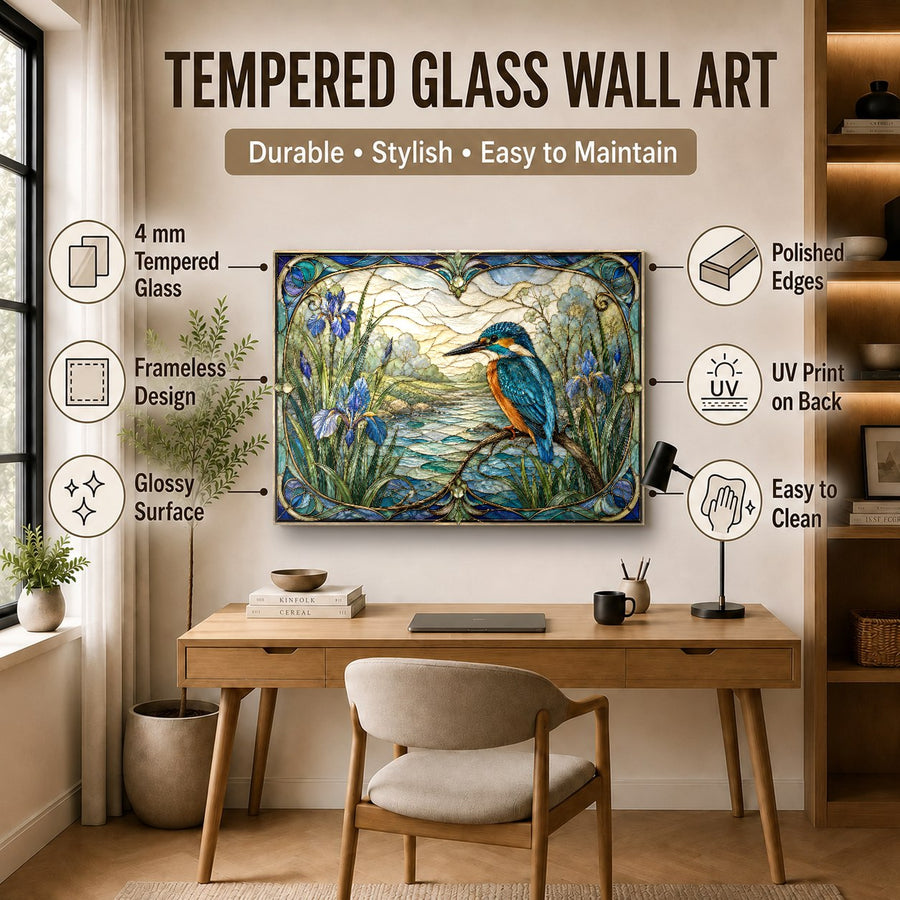 Tranquil river landscape wall art featured in a modern coastal dining room interior