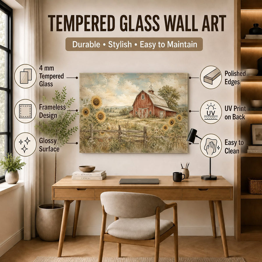 Elegant farmhouse glass wall art styled over a console table in a cozy, rustic-themed living room entry.