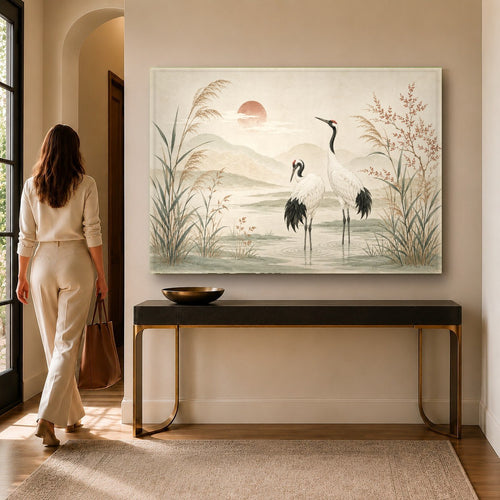 Lake Birds Glass Wall Art hanging above a modern neutral sofa in a bright living room
