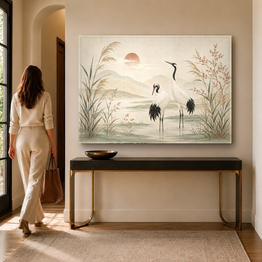Scenic lake birds tempered glass print displayed in a cozy master bedroom