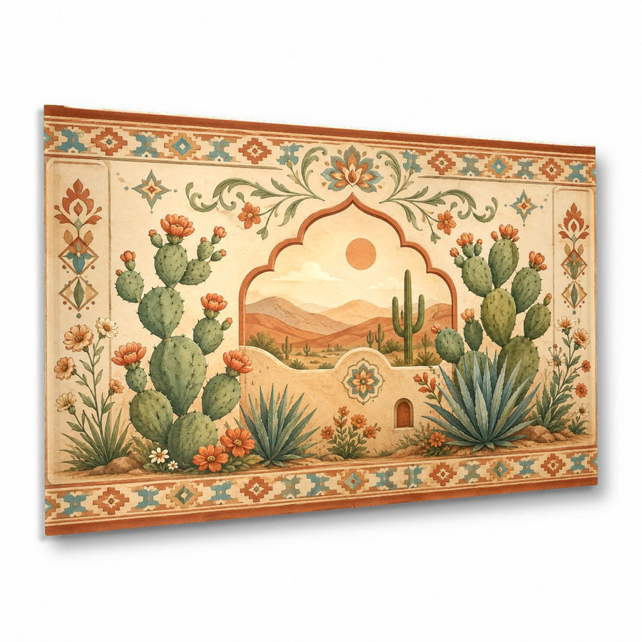 Desert Arch Glass Wall Art hanging above a modern minimalist living room sofa