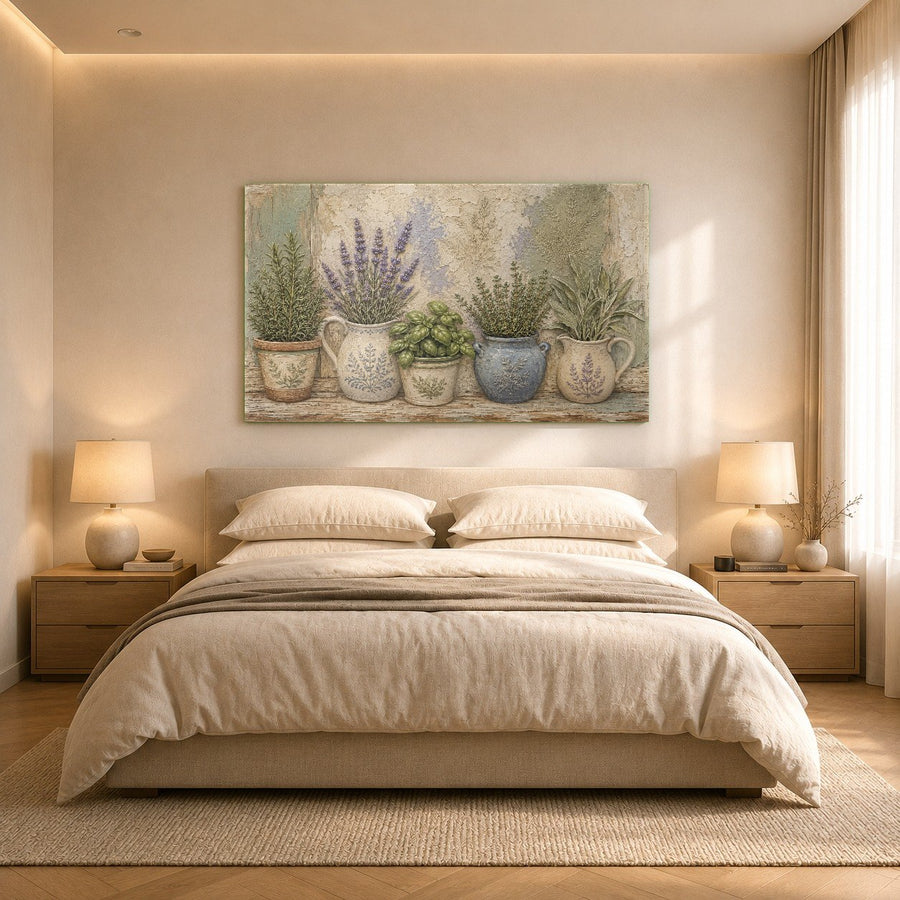 Modern pot flowers glass wall art displayed in a bright spa waiting area