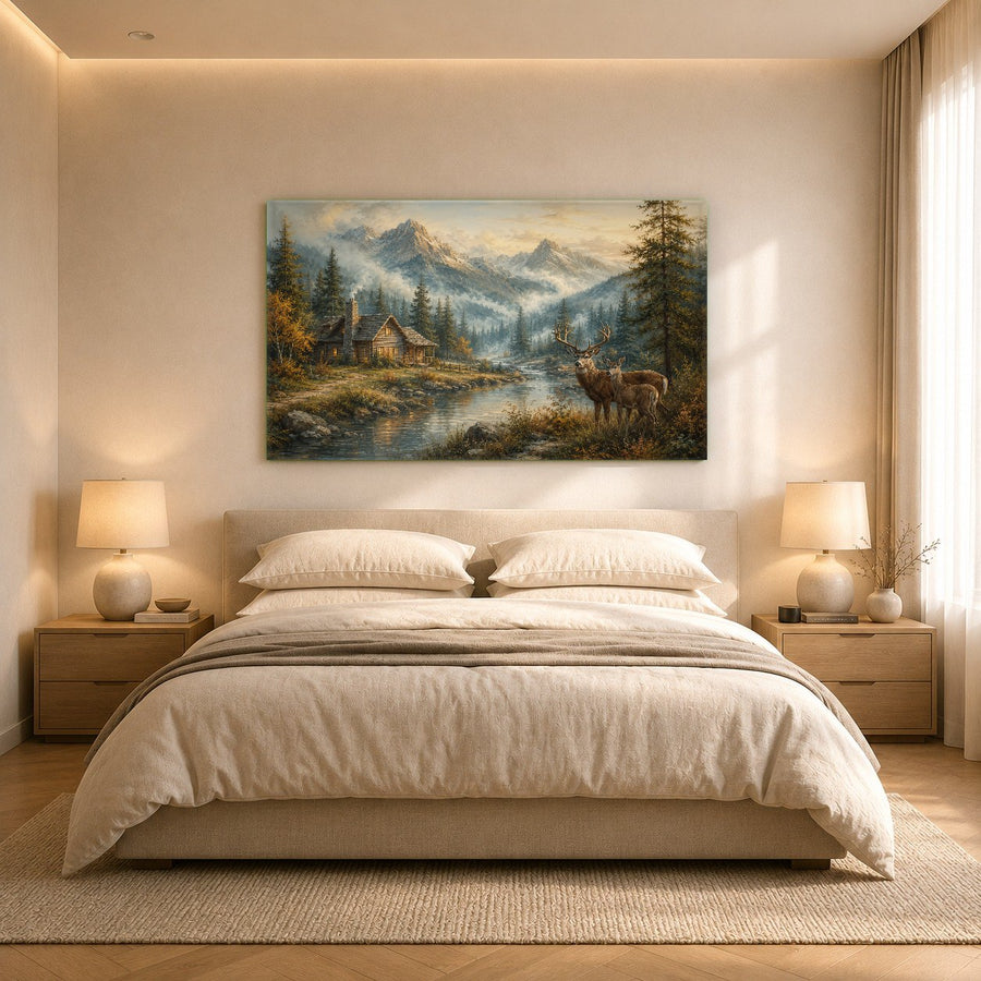 Large-scale nature glass art of snow-capped mountains and a forest lake in a luxury hotel lobby.