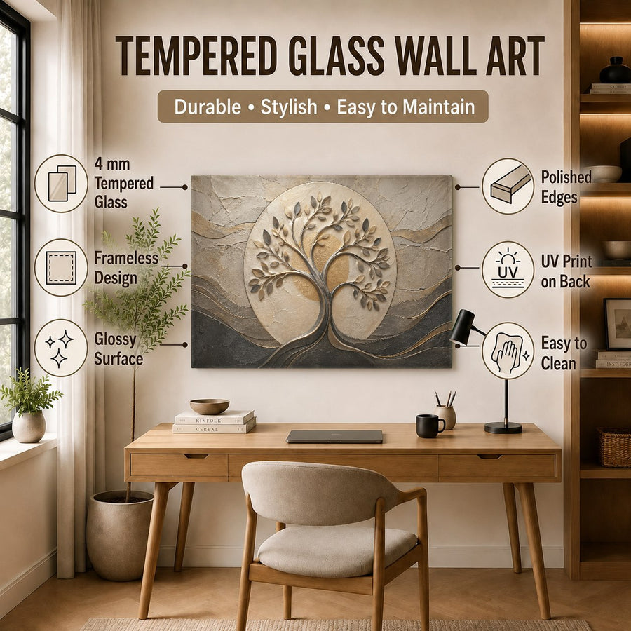 Nature-themed tempered glass art hanging behind a sleek wooden desk in a professional home office.