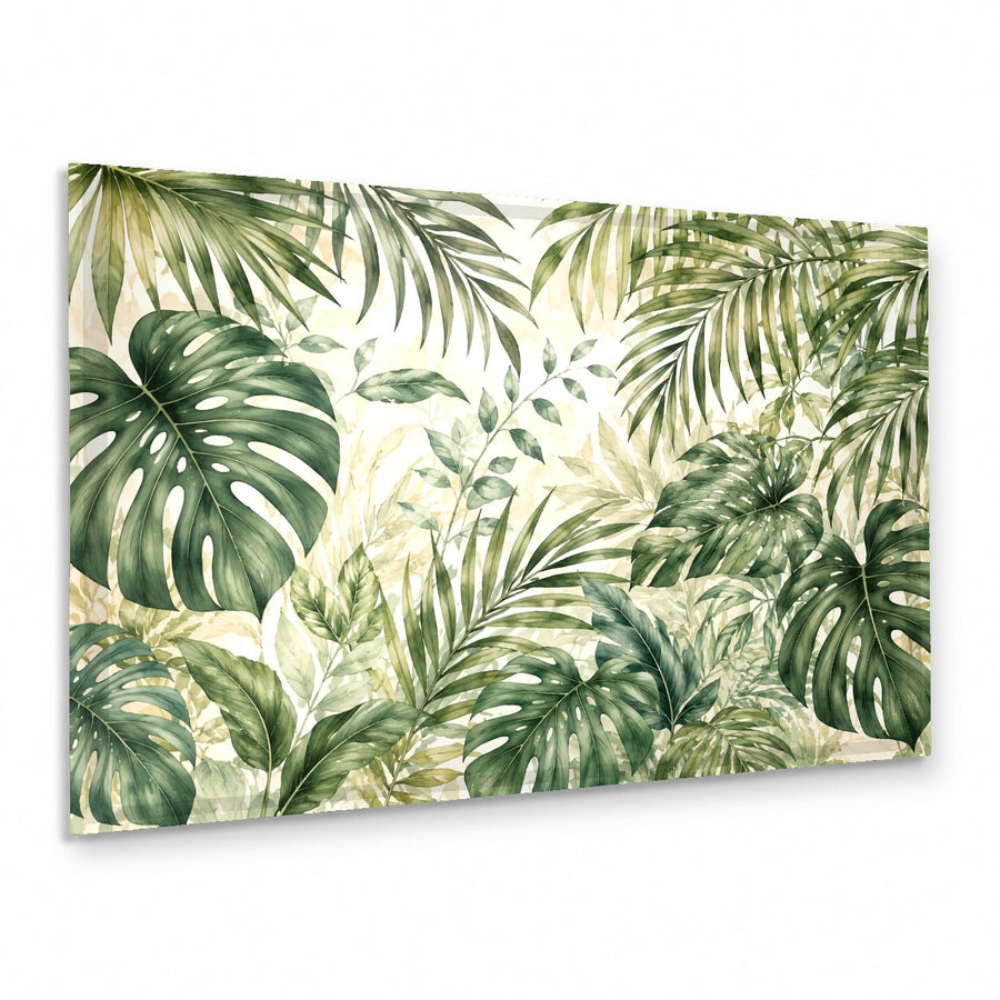 A large Tropical Canopy glass print hanging above a beige sofa in a modern, sunlit living room.