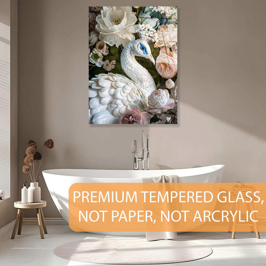 Modern bathroom interior with a large wall art of a swan and flowers, featuring premium tempered glass.