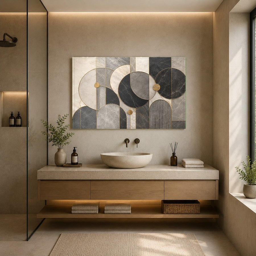 Luxurious executive office interior with a premium geometric glass art piece hanging behind a desk.