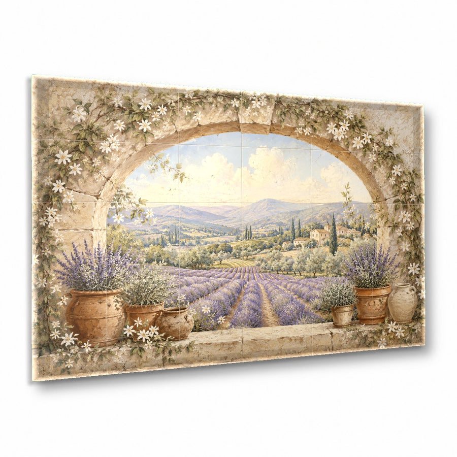Tuscan Garden glass wall art hanging in a sunlit Mediterranean style living room