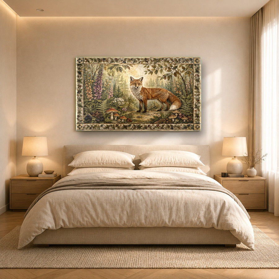 High-gloss Fox Forest wall decor hanging in a minimalist hallway with warm ambient lighting.