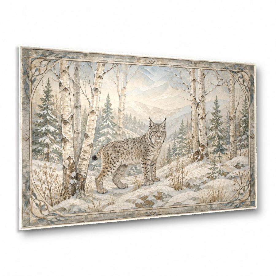 Winter Forest with Fox Glass Wall Art hanging above a modern living room sofa
