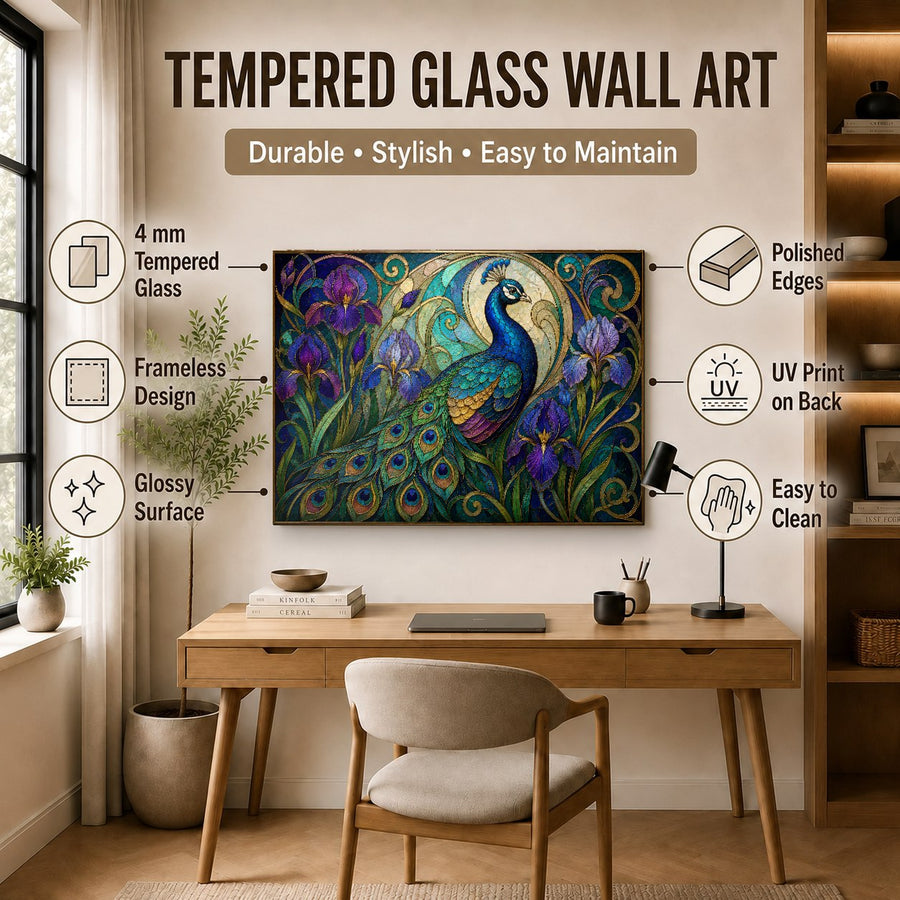 Iris Peacock Glass Wall Art featured in a luxury hotel lounge interior design setup