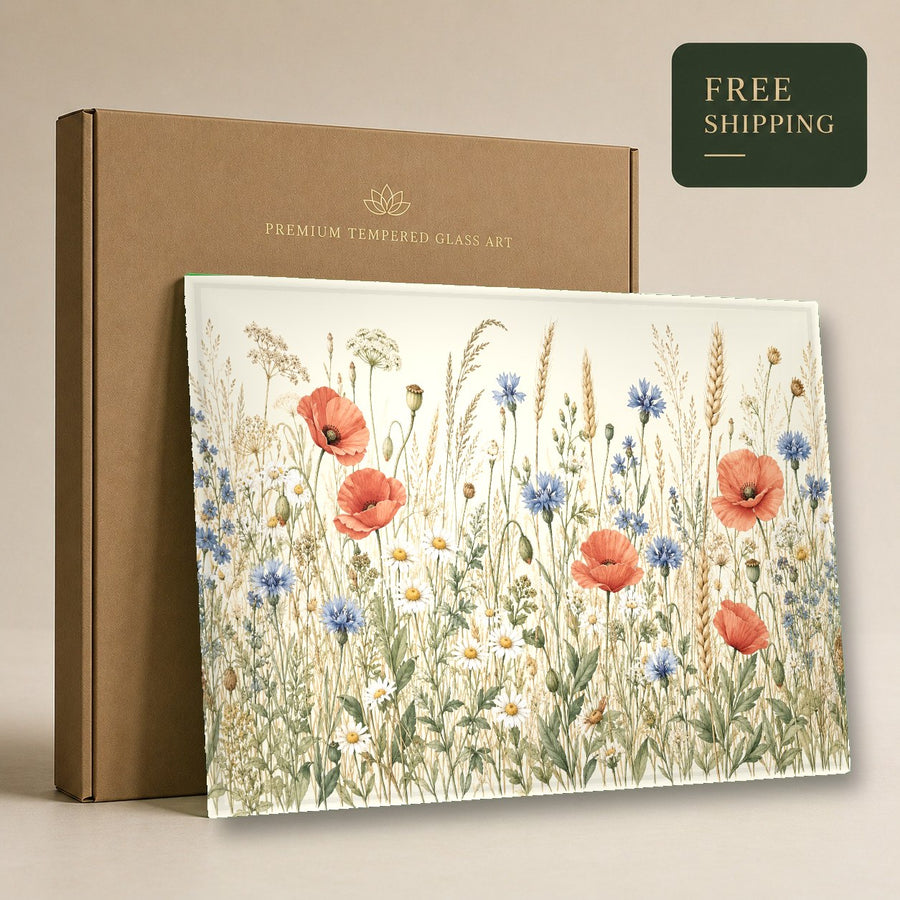 Close-up angle of wild flowers glass print showing high-gloss surface