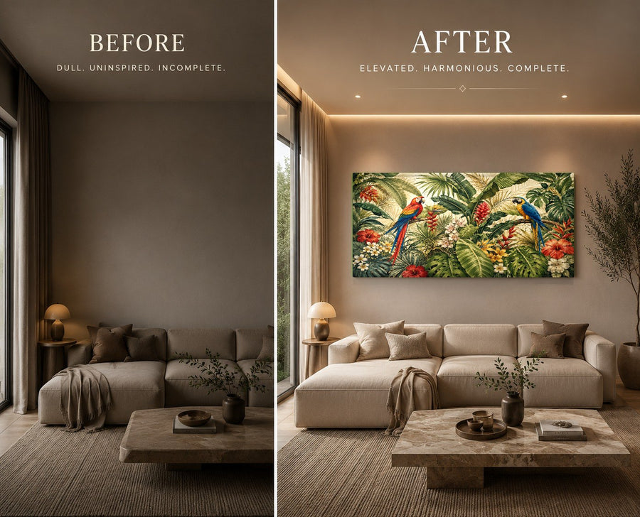 Tropical parrots glass wall art styled above a wooden credenza in a dining room