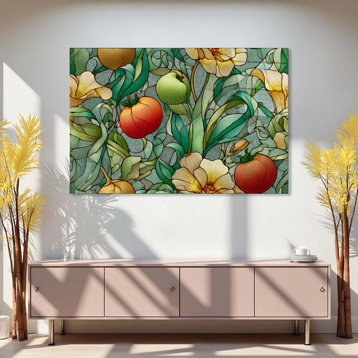Stained Glass Look Fruits Tempered Glass Wall Art | Botanical Kitchen & Dining Room Glass Wall Décor
