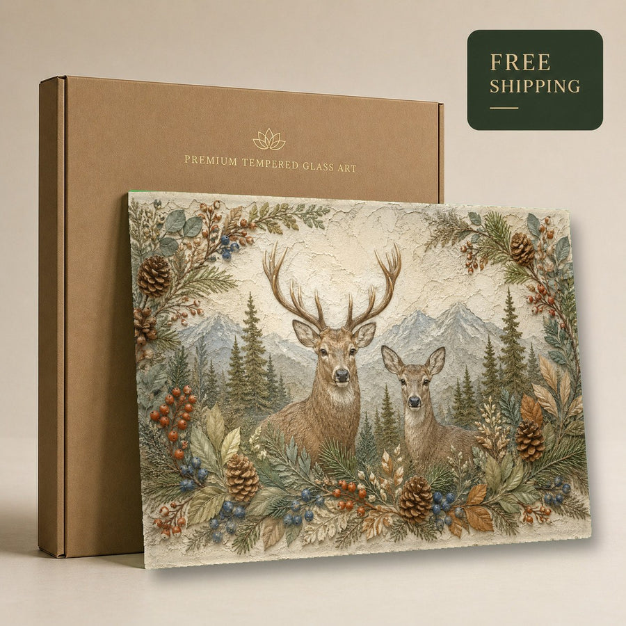 The Deer Family glass print displayed in a hotel lobby, highlighting the rich autumn colors and glossy depth.