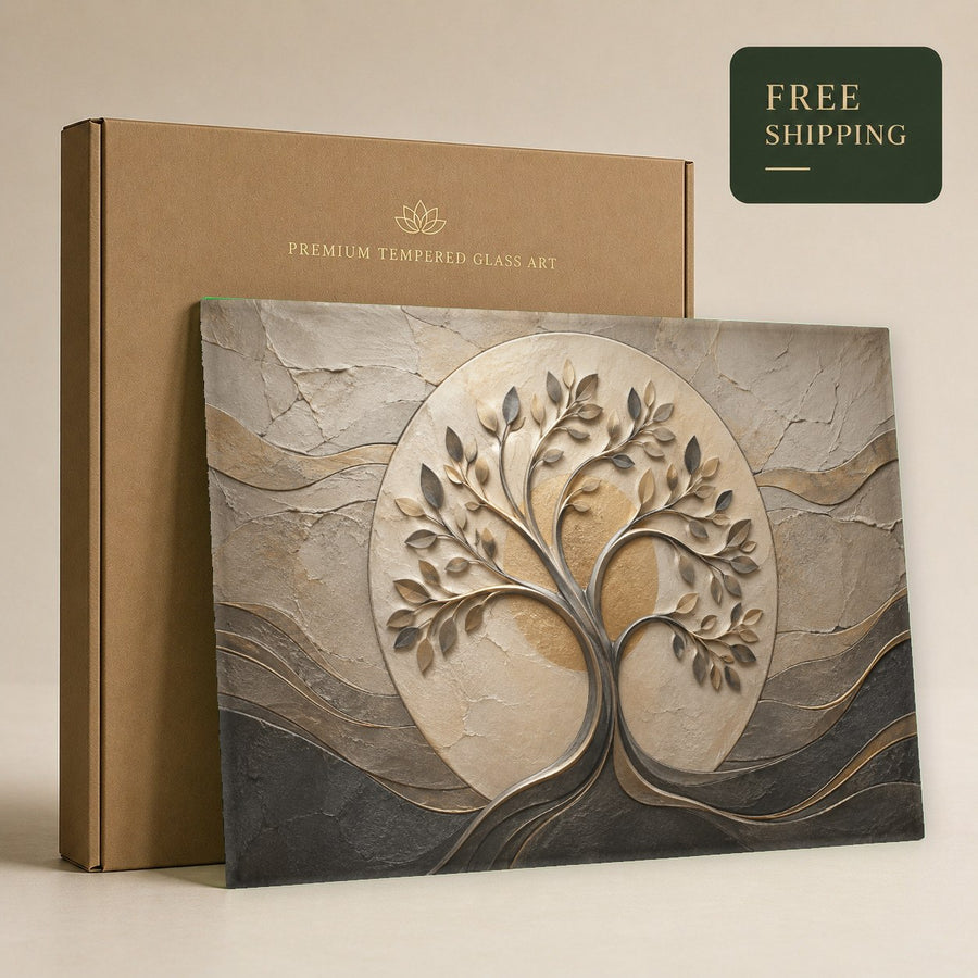 Sleek frameless glass wall art featuring a symbolic tree of life in a modern apartment entryway.
