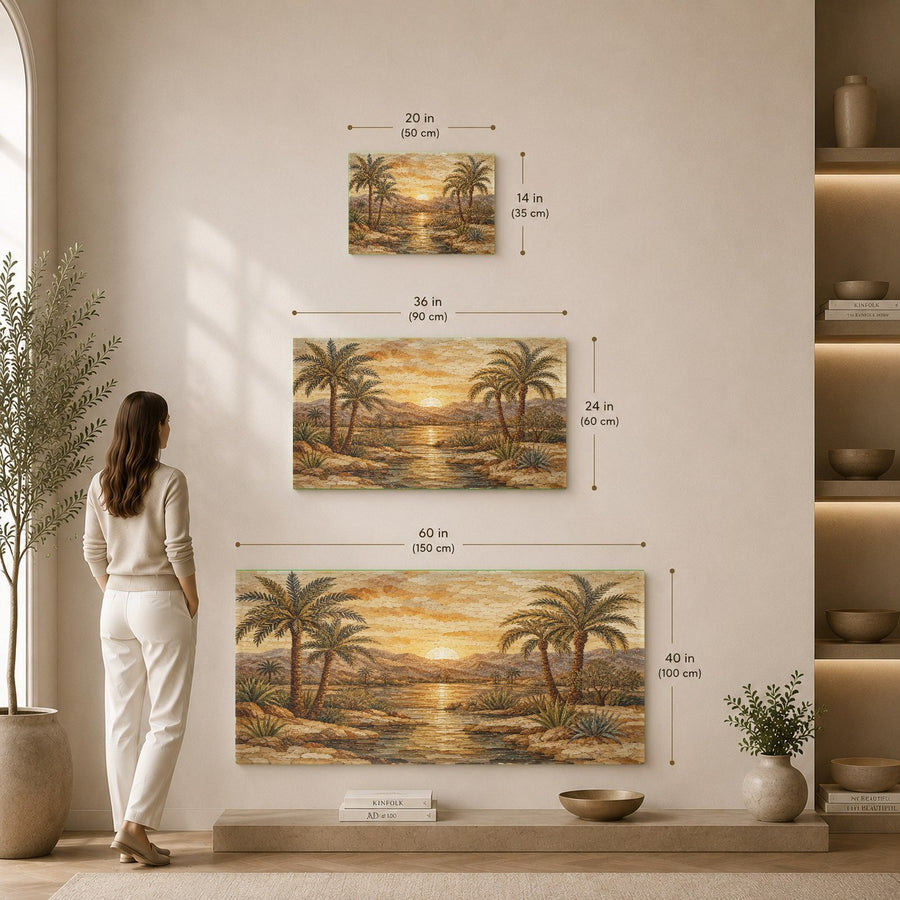 A high-end hotel lobby featuring the large Deco Sunrise tempered glass print as a sophisticated focal point.