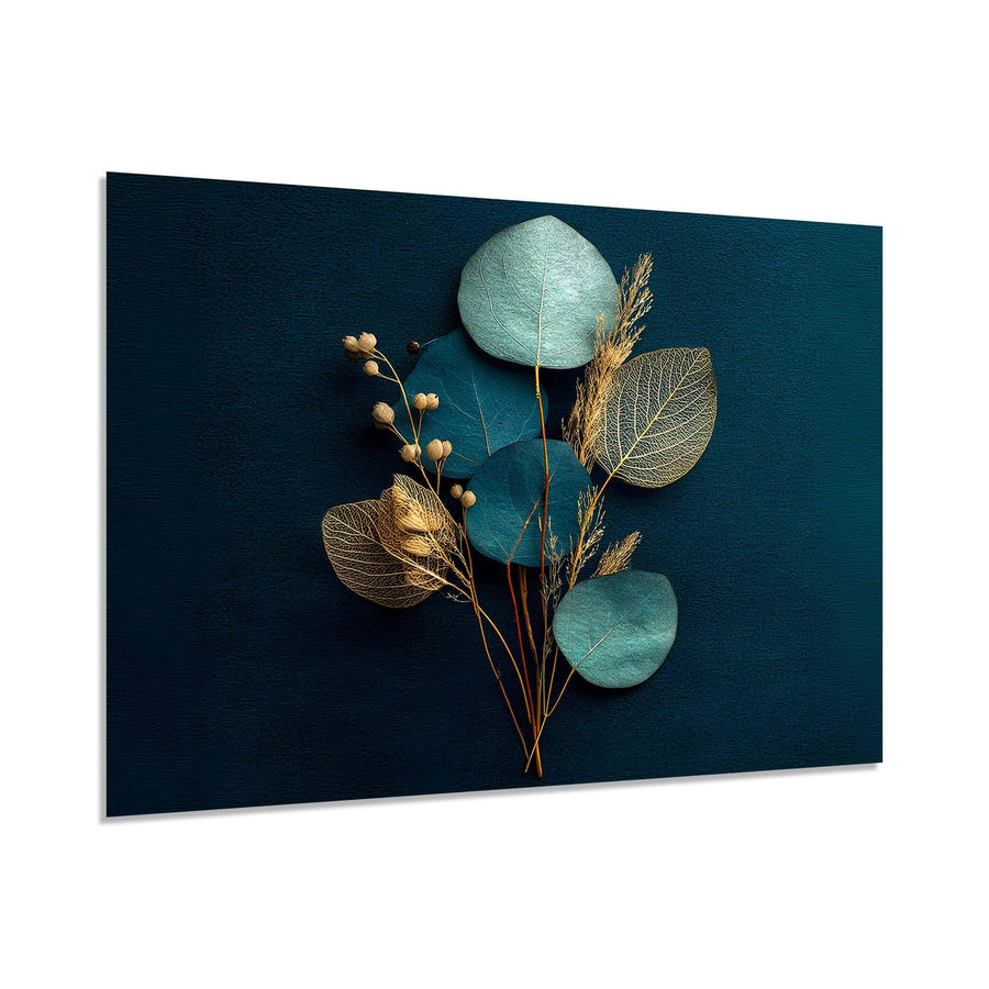 Decorative wall art with teal leaves and gold elements on a dark blue background