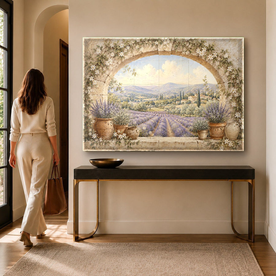 Italian villa tempered glass print mounted above a modern rustic dining table