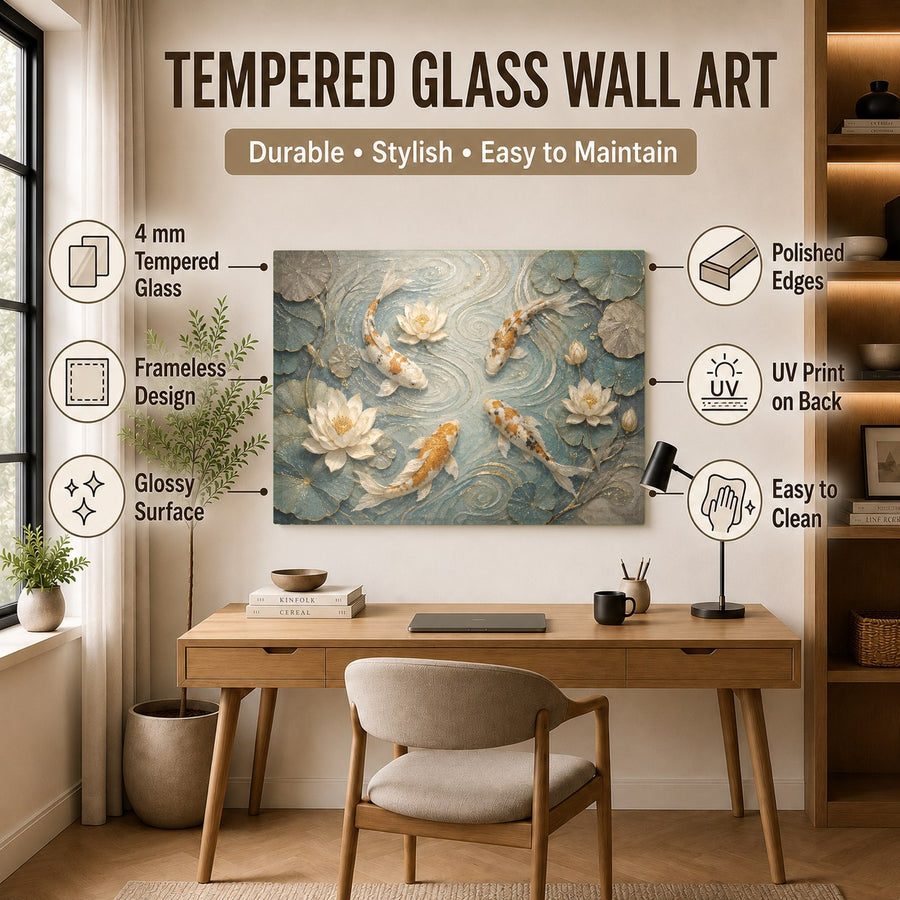 A contemporary office reception area decorated with a large-scale Koi Lotus tempered glass art piece.