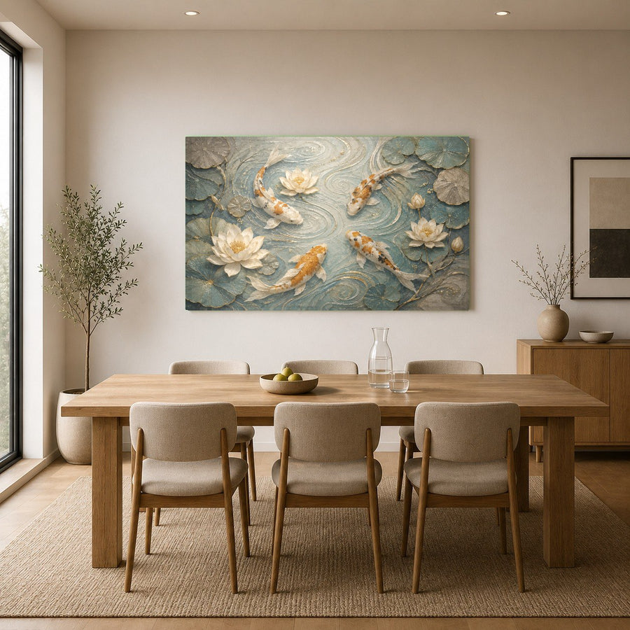 Angled view of the frameless Koi Lotus glass print in a peaceful meditation room with bamboo decor.