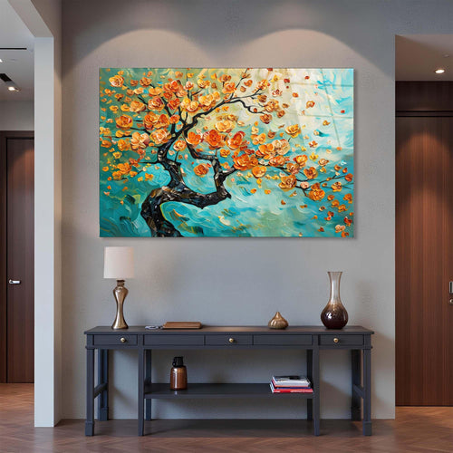 Colorful abstract painting of a tree with orange flowers on a blue background