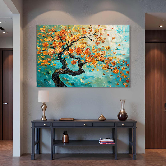 Golden Blossom Tree Glass Wall Art | Modern Nature Decor