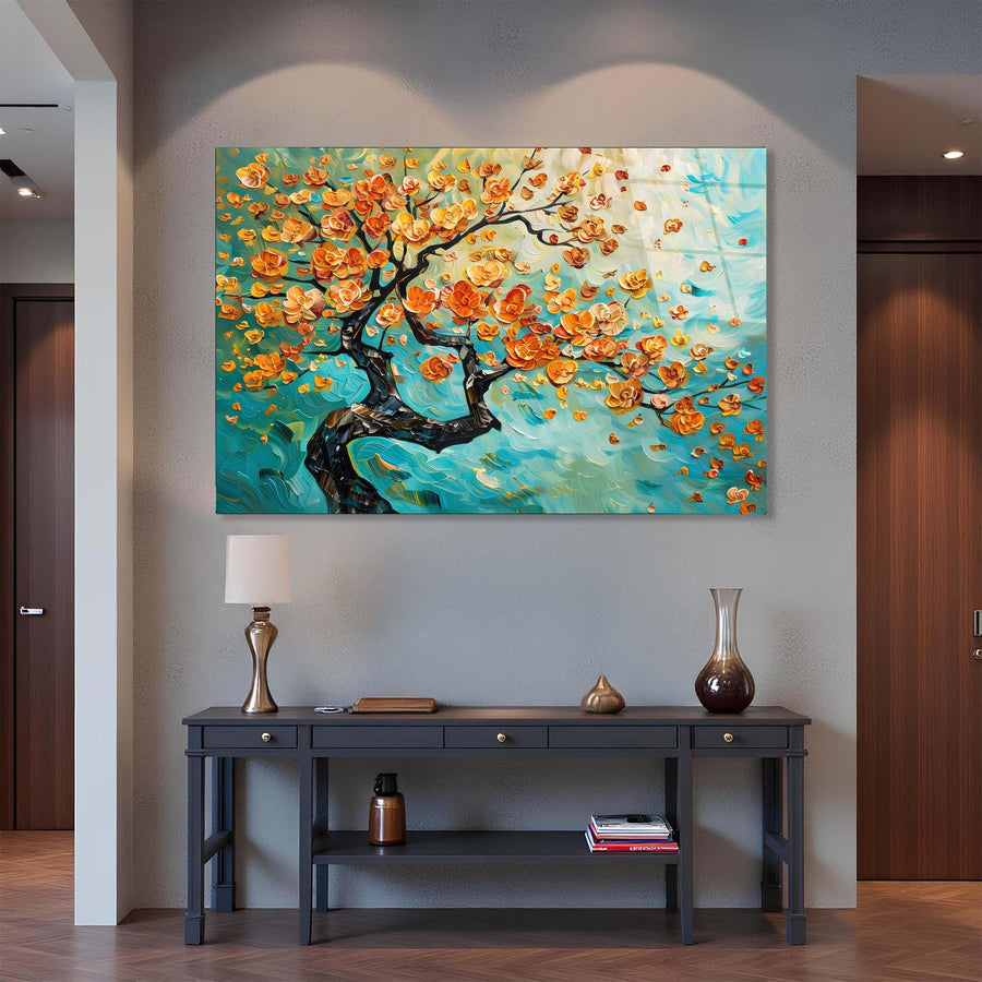 Colorful abstract painting of a tree with flowers on a wall above a dark wooden console table.