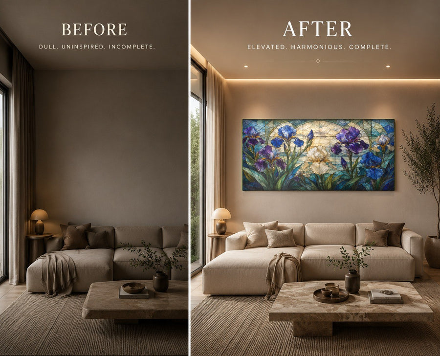 The vibrant purple and blue Iris Garden glass art adding a pop of color to a minimalist home office wall.