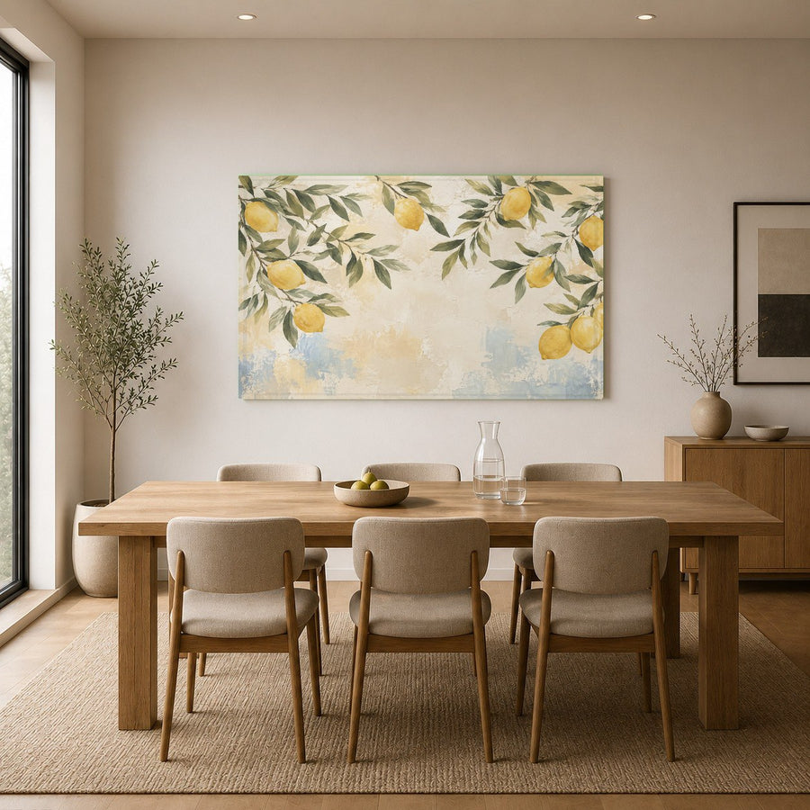 Mediterranean kitchen decor featuring a large tempered glass lemon tree wall hanging