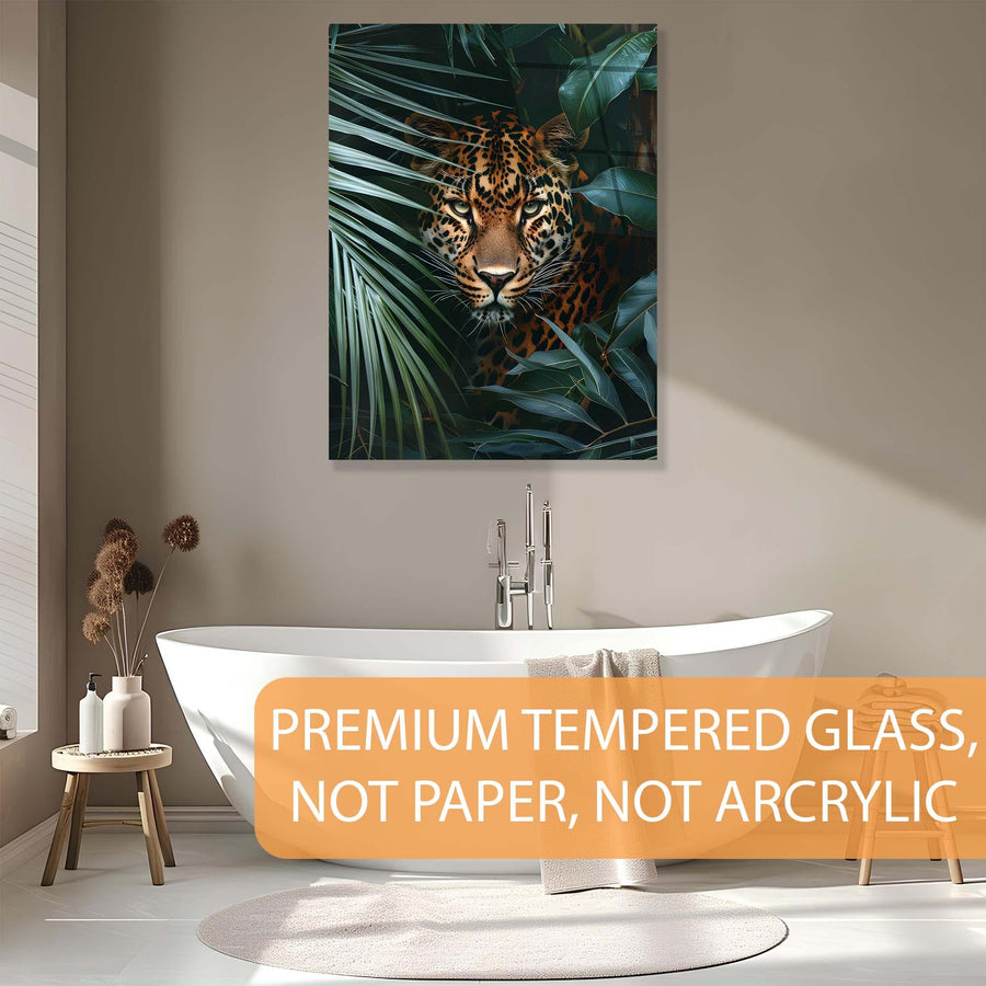 Modern bathroom interior with a tiger artwork on the wall, featuring premium tempered glass.