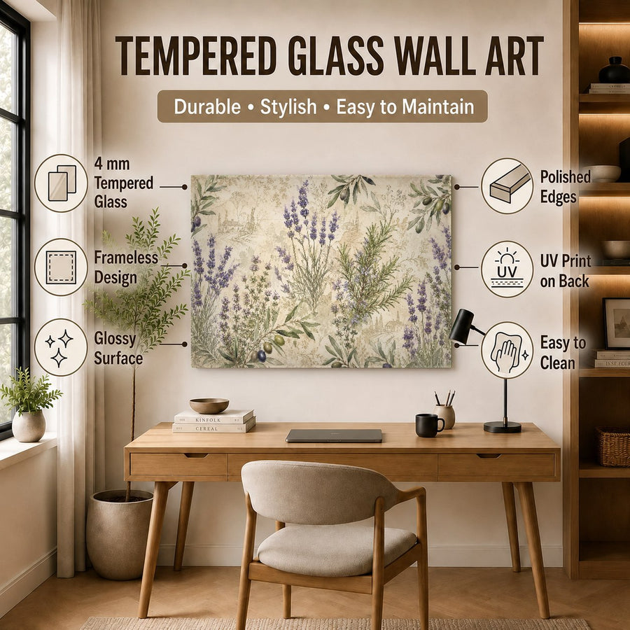 Elegant office interior showcasing green leaves glass wall art, creating a calming and productive atmosphere.