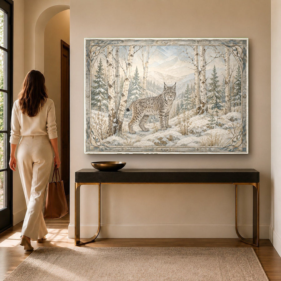Wildlife tempered glass print featuring a red fox in a snowy forest inside a cozy rustic bedroom