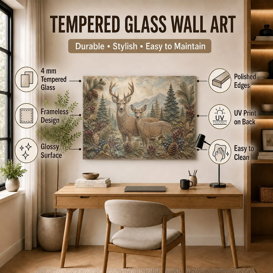 Nature themed deer family glass wall art in a stylish hotel lobby interior design
