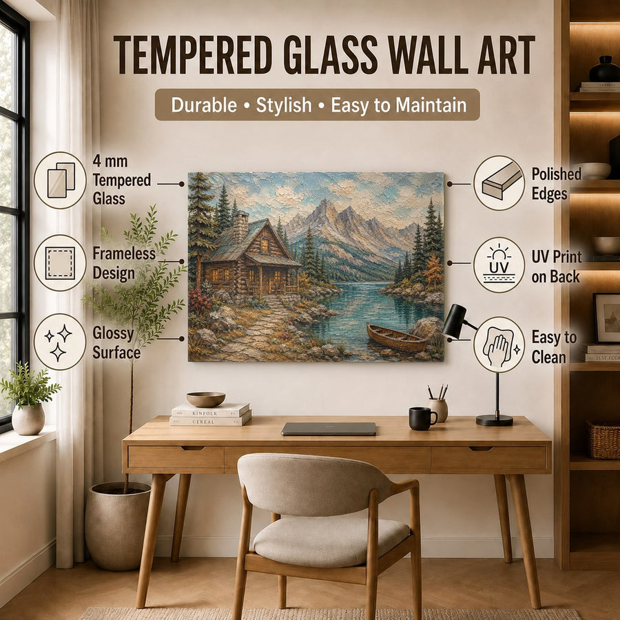 Scenic lake cabin wall art styled in a warm rustic dining area
