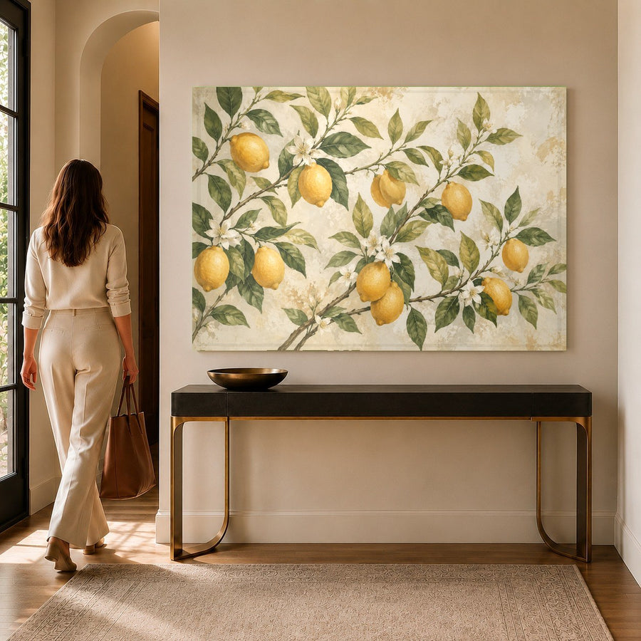 Botanical citrus tempered glass print styled in a sunlit dining room with wooden furniture.