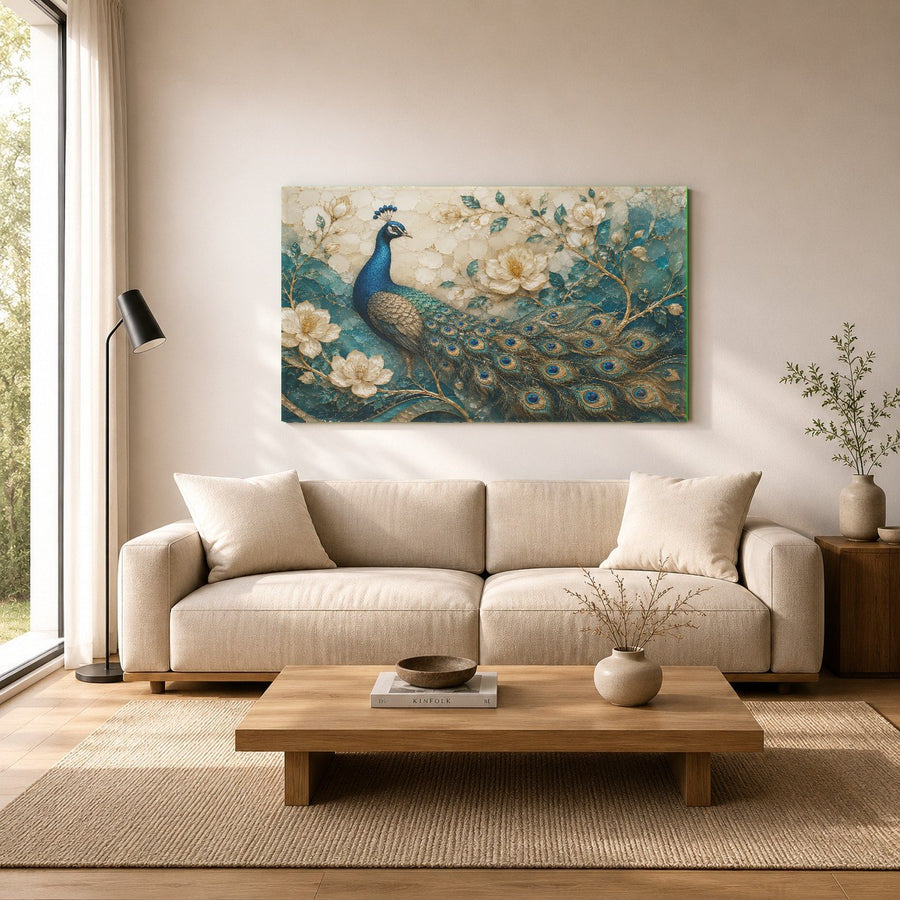 Luxurious spa waiting room styled with the calming green and blue peacock glass print.