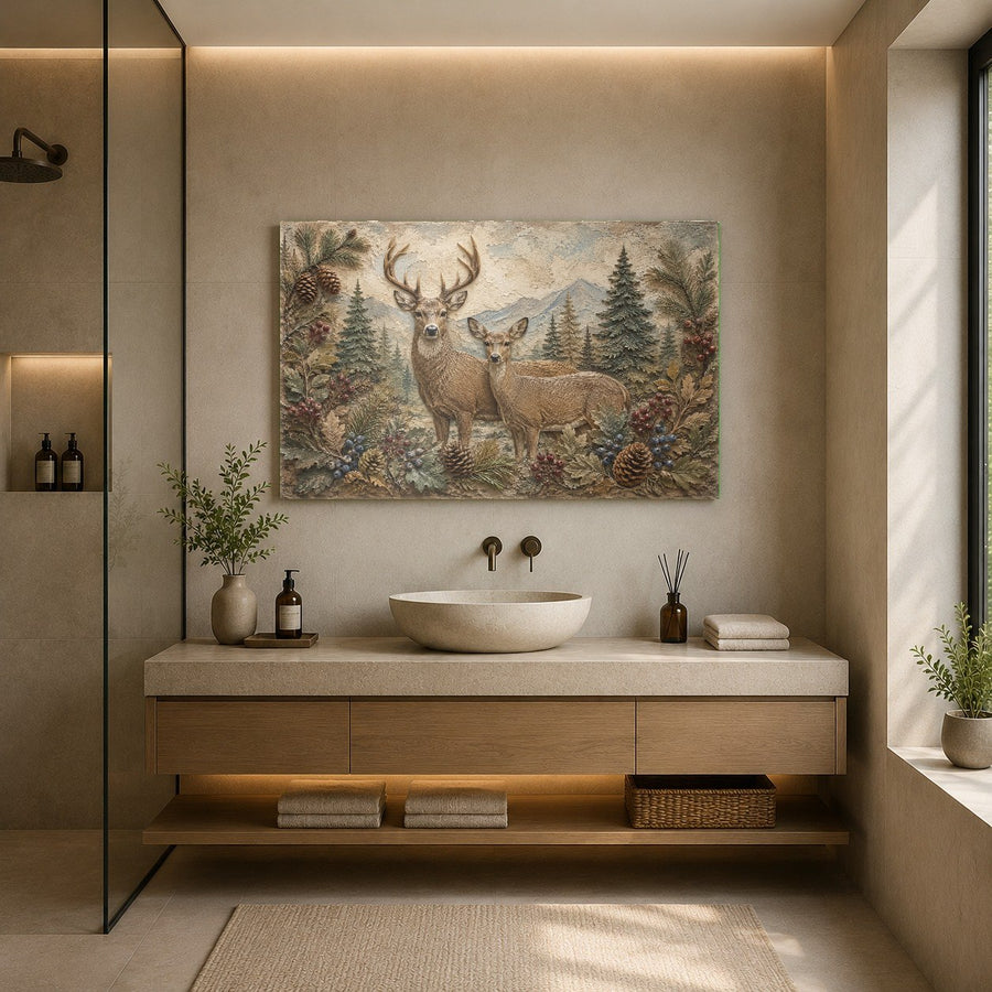 Framed deer family glass wall art in a tranquil master bedroom retreat interior