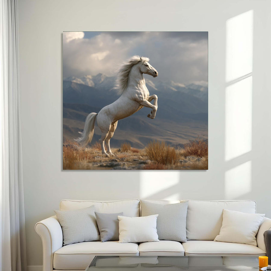 White horse painting on a wall above a white sofa with cushions.