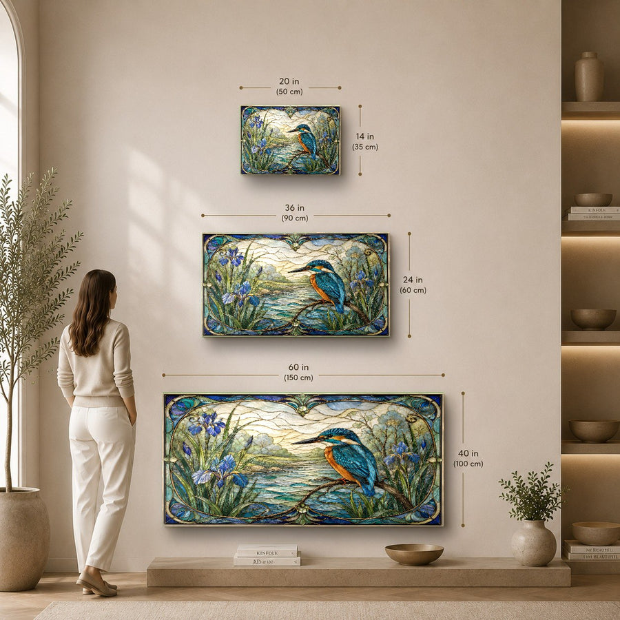 Side profile angle of the durable 4mm tempered glass art with aluminum float frame in a hallway