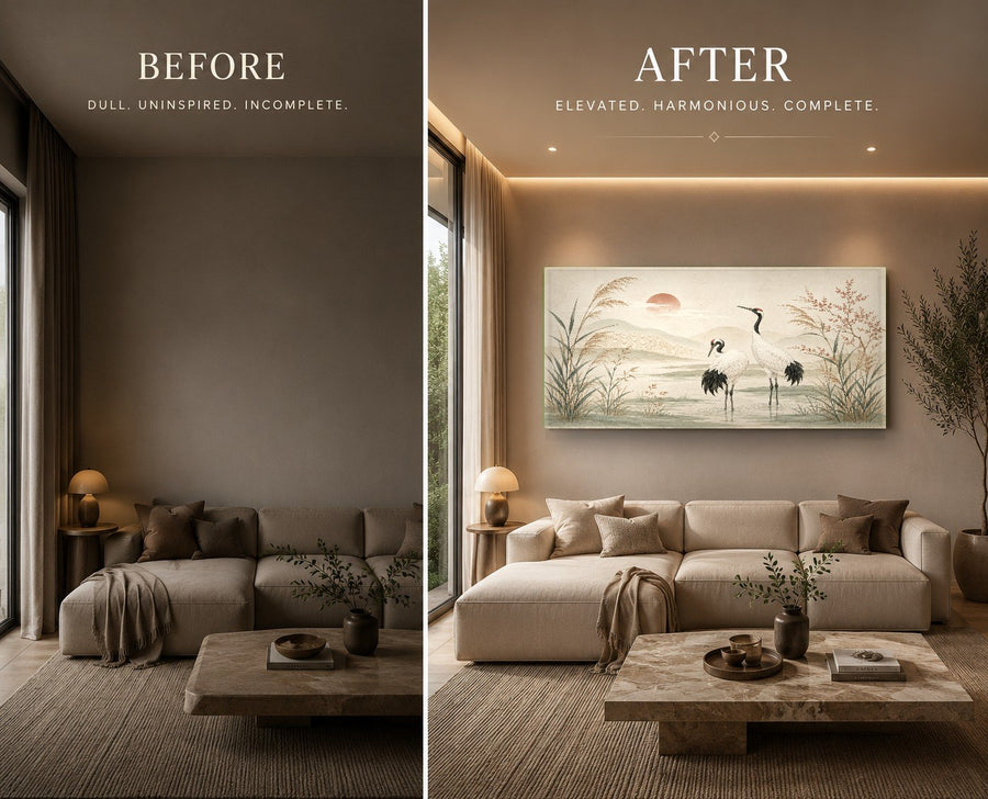 Nature themed glass wall art mounted in a tranquil home office workspace