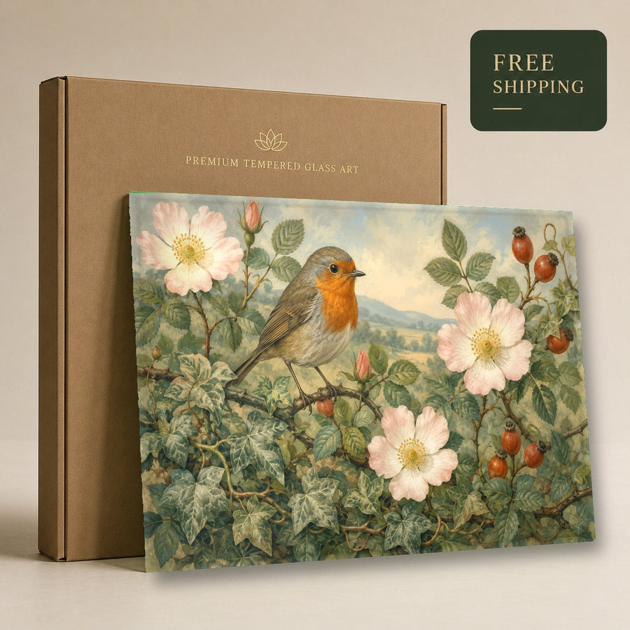 Bird and floral wall art complementing serene spa decor with natural wood elements
